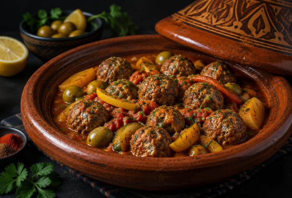 Kefta Tajine with Eggs & Olives