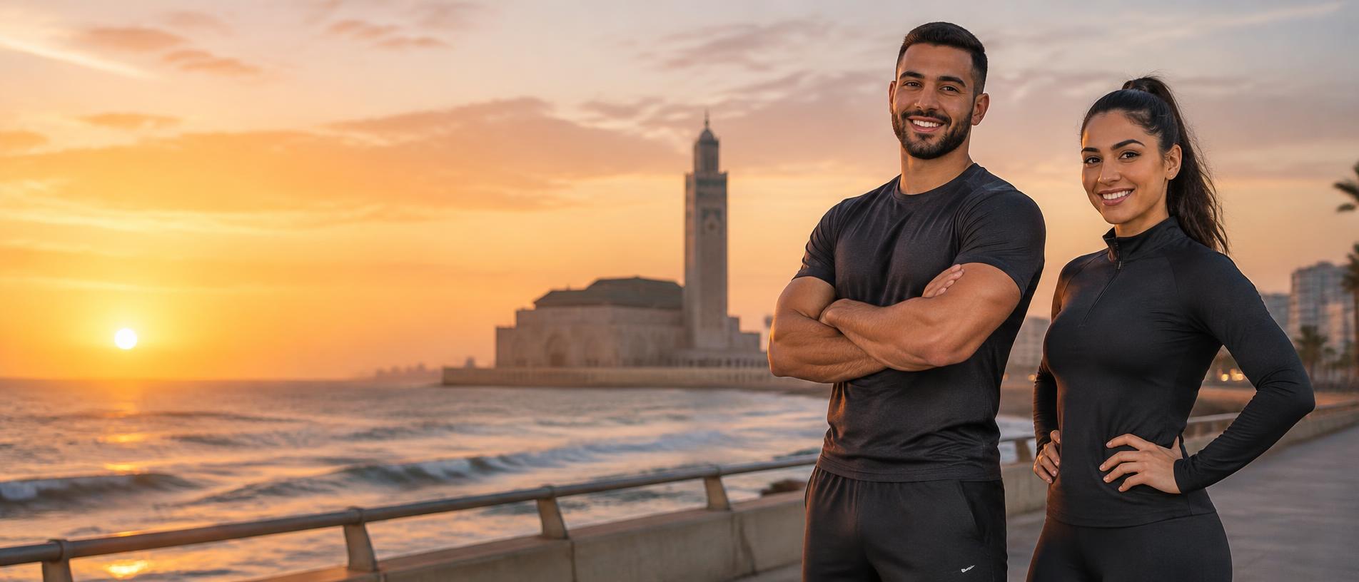 Two Moroccan fitness coaches in front of the Hassan II Mosque at sunset